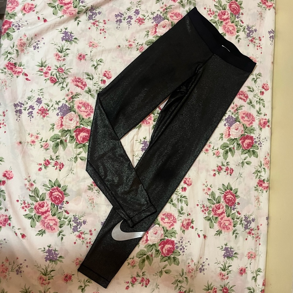 NIKE Pro Training Shimmer Metallic Black Silver Leggings M